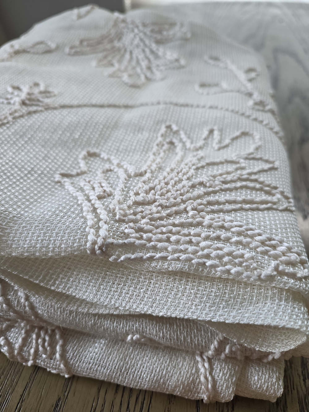 Cream Sheer Curtains with Floral Tufting/Embroidery